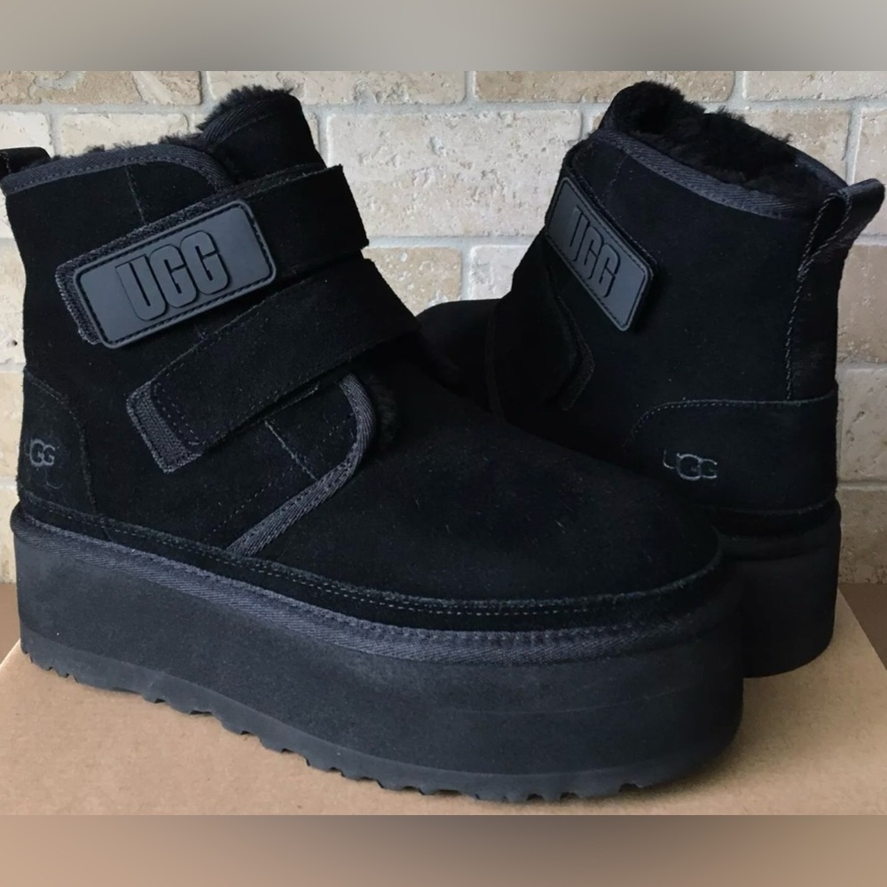 UGG Neumel Platform Black Suede Double Strap Boots / Booties